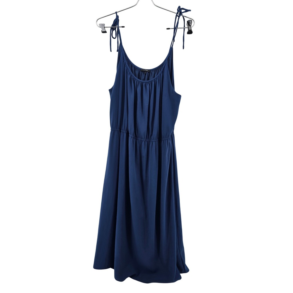 Theory Silk Midi Dress Womens Large Blue Tie‎ Shoulder Gathered Neck Minimalist